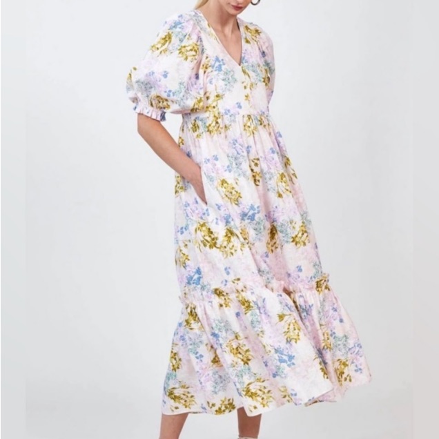 Hunter Bell Palmer Maxi Dress Floral Puff Sleeve Flowy Garden Party